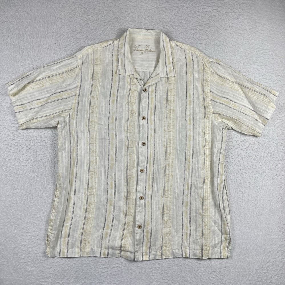 Tommy Bahama‎ Shirt Mens XL White Beige Linen Beachy Preppy Travel Vacation Luau